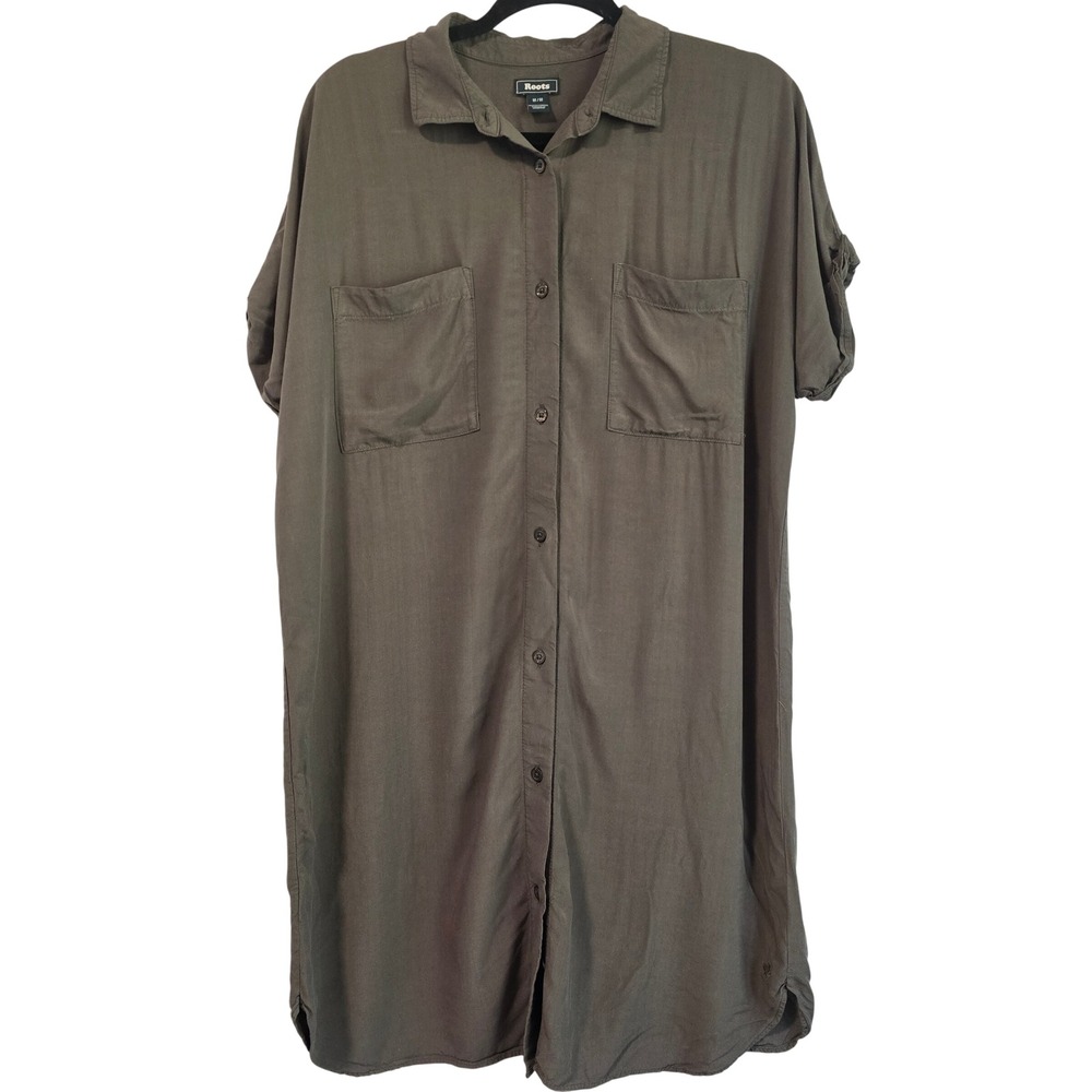 Roots Womens Medium Olive Brown Rayon Button Front Short Sleeve Shirt Dress